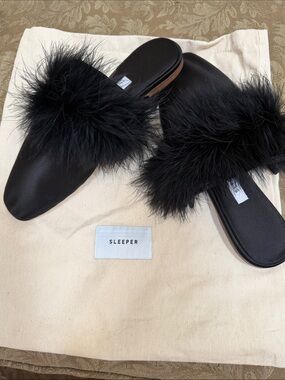 Sleeper Black Marabou Satin Slide Mules